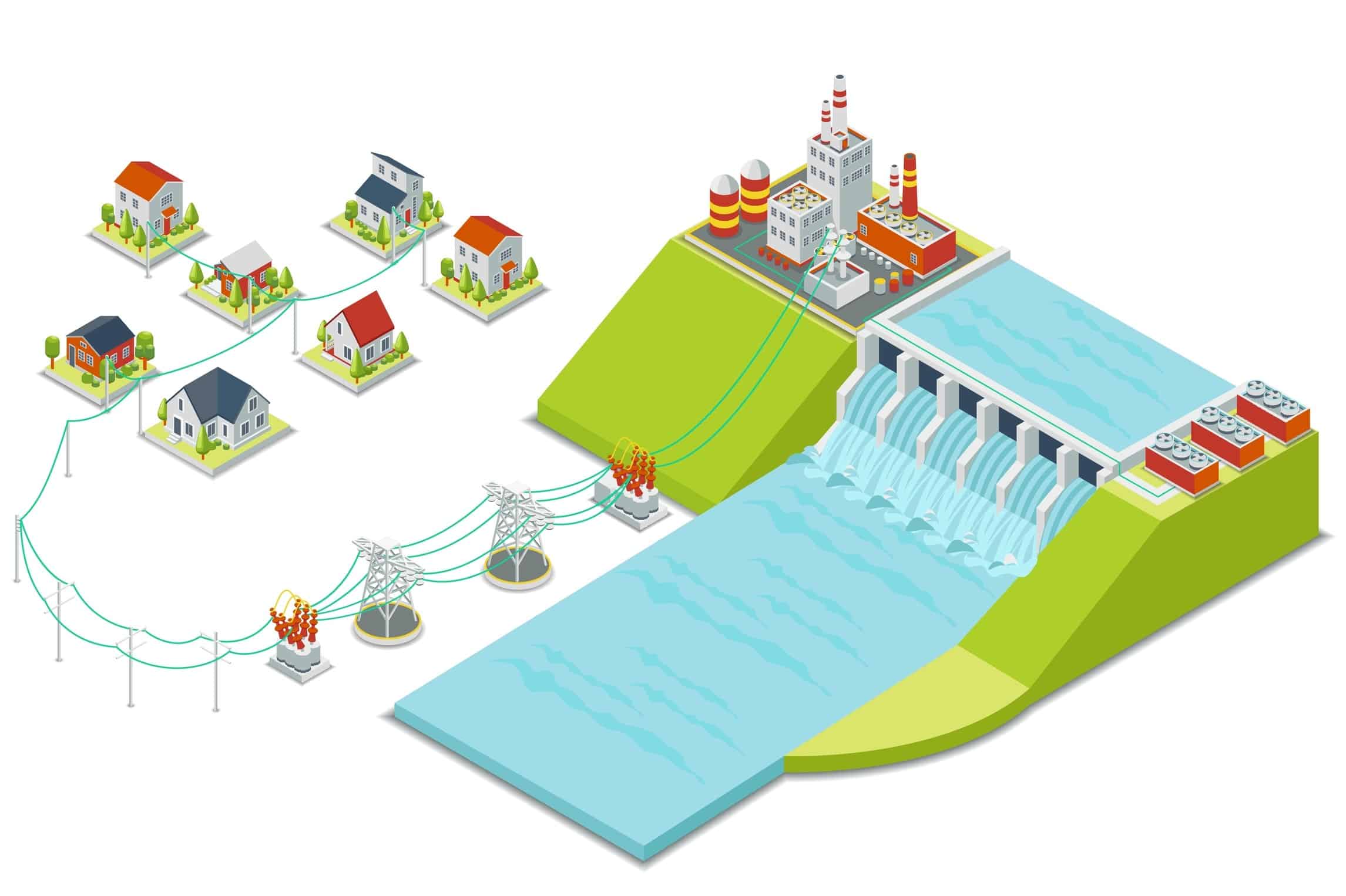 illustrated hydroelectric dam with power lines running to homes